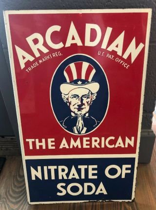 Vintage Arcadian The American Nitrate Of Soda Painted Metal Flange Sign