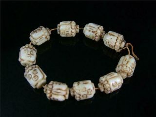 Fine Old Chinese Celadon Nephrite Jade Carved Bracelet Prayer Beads Buddha Head