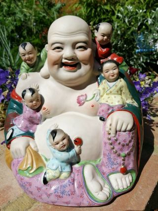 8 " Antique Chinese Porcelain Happy Laughing Buddha Famille Rose Enamels Bisque