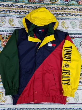 Tommy Hilfiger Jeans Vintage Colorblock Spell Out Hoodie Windbreaker Jacket Sz M