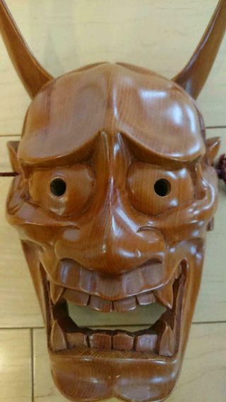 26.  0cm Hannya Mask Wood Carving Japanese Traditional Crafts Beige Big Size 7p