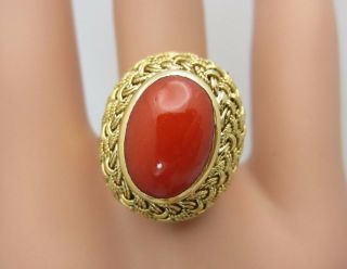 Vintage Italian 18k Yellow Gold Red Coral Ring Handmade Woven Gold
