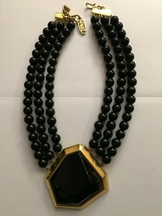 Vintage Yves Saint Laurent Gold Tone With Black Lucite Muti Strand Necklace