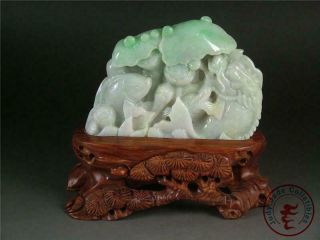 Large Chinese Jadeite Emerald Jade Carved Statue Fish & Lotus W/ Stand