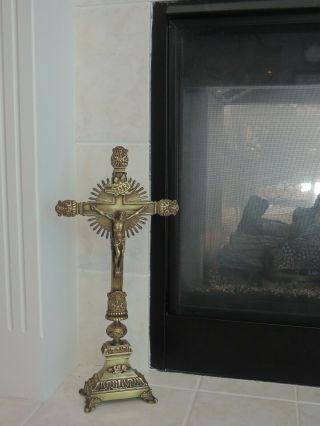 Huge Antique French Brass Standing Altar Cross Jesus Crucifix Angel 21 " Church