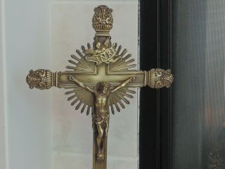 Huge Antique French Brass Standing Altar Cross Jesus Crucifix Angel 21 