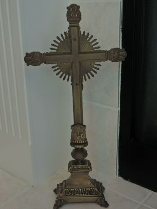 Huge Antique French Brass Standing Altar Cross Jesus Crucifix Angel 21 