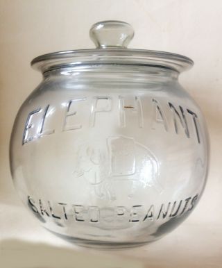 Vintage Giant Round Glass Embossed " Elephant Salted Peanuts " Jar & Lid 10 1/2 "