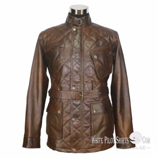 Leather Jacket For Men Military Vintage Distress Antique Dark Brown Belt Panther