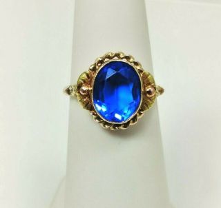 Vtg Antique Bda 10k Rose Gold Art Deco Blue Sapphire Ladies Ring Leaf Filigree