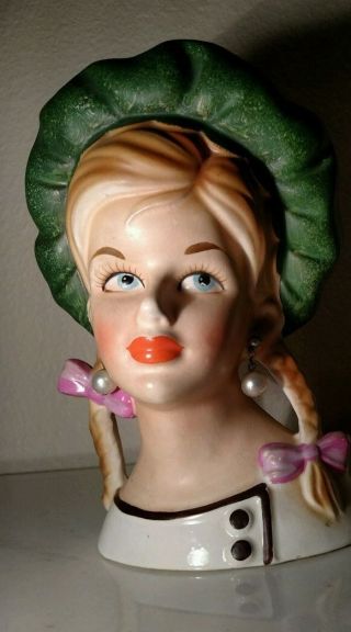 Vintage Teen Lady Head Vase Headvase Pearl Earrings Girl Extremely rare 2