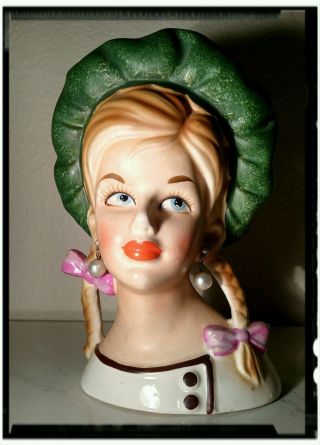 Vintage Teen Lady Head Vase Headvase Pearl Earrings Girl Extremely rare 8
