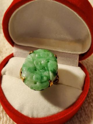 Vintage Art Deco 14 K Gold Chinese Carved Apple Jade Jadeite Ring