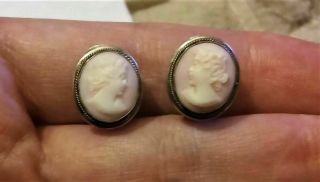 Antique Pink Angel Skin Coral Cameo Art Deco Silver Earrings Vintage Italy Shell