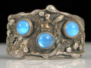 Vintage Designer Signed Polansky Sterling Silver Brutalist Ring Blue Cabochon