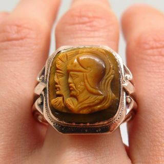 Antique Ostby & Barton 10K Gold Tiger Eye Gem Intaglio Roman Soldier Men ' s Ring 4