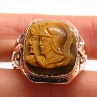 Antique Ostby & Barton 10K Gold Tiger Eye Gem Intaglio Roman Soldier Men ' s Ring 5