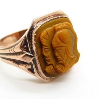 Antique Ostby & Barton 10K Gold Tiger Eye Gem Intaglio Roman Soldier Men ' s Ring 7