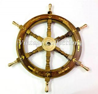 Antique Nautical Wooden 24 " Ship Wheel Brass Ring Ship Steering Wheel Wall Decor