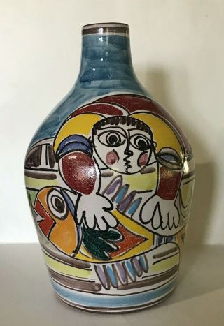 Estate Vintage Desimone Italian Pottery Man In Boat Fishing 13 " Tall Bottle Vase
