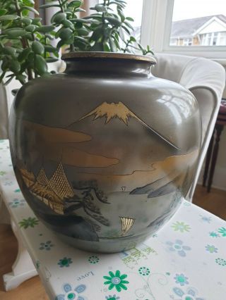 Japanese Antique Copper Metal Pot Vase Bowl Scenery Of Mount Fiji Engraved.