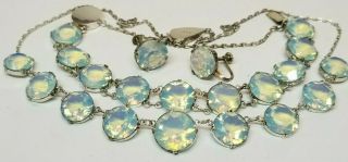 Vintage Art Deco Sterling Silver Opalescent Cut Glass Riviere Necklace Set Rare