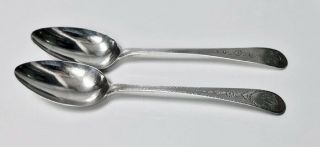 Pr Very Good Hester Bateman Large Georgian Silver Bright Cut Spoons London 1785