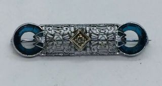 Antique Art Deco 14k White Gold Filigree Diamond & Sapphire Bar Pin