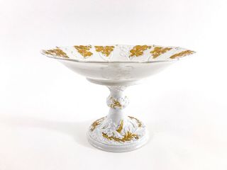 Antique Meissen Compote Pedestal Bowl - White Porcelain w/ Gold Gilt Floral 11