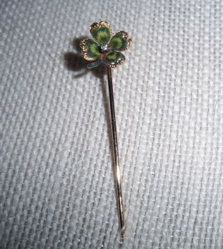Victorian Antique 14k Gold Diamond Green Enamel Shamrock 4 Leaf Clover Stick Pin