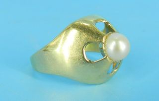 14k Yellow Gold Vintage Real Pearl Large Dome Pierced Cross Cocktail Ring Size 8
