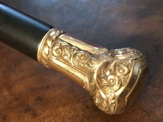 Magnificent Antique Walking Cane Stick Ornate Gold Filled Handle 1890s 34” Ebony
