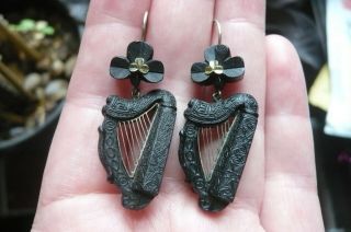 Victorian Irish Bog Oak Harp And Shamrock Earrings