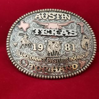 Trophy Rodeo Buckle Champion Vintage Austin Texas Bluebonnet 1981 Top Hand 414