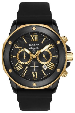 Bulova 98b278 Marine Star Chronograph Gold Tone Rubber Strap Mens Watch