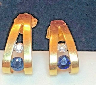Estate Vintage 14k Gold Diamond Blue Sapphire Earrings Gemstone Made In Mexico