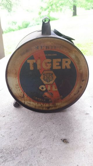 Vintage Tiger 5 Gallon Rocker Oil Can Gamble Stores Pat May 10 - 1927