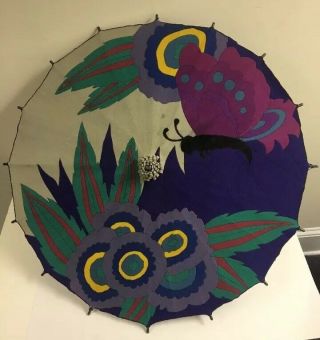 Rare & Unique Vtg Art Deco Handmade Sewn Felt Parasol Umbrella Butterfly Italy
