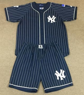 Vtg Starter York Yankees Pinstripe Jersey Set W/ Shorts Navy Blue Adult Xl