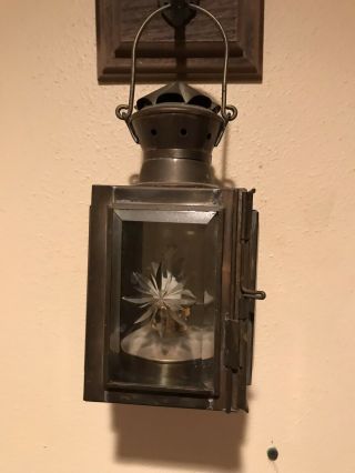 Vintage Hanging Brass Oil Lantern With Insert Designed Glass.  9” Overall Height