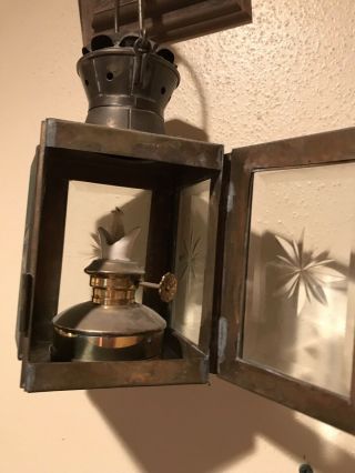 Vintage Hanging Brass Oil Lantern With Insert Designed Glass.  9” Overall Height 2