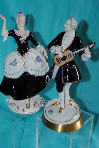 Vtg Set 2 Royal Dux Czech Bohemia Lady Gentleman Guitar Dancing Figurines Gold