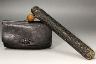Kibc23 Japanese Antique Leather Tobacco,  Kiseru Case W/ Ojime,  Butterfly Menuki