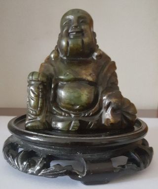 Vintage Hand Carved Yellowish Green & Brown Jade Buddha Wealth Happy Maitreya