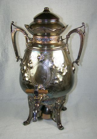 19thc American Repousse Ornate Silver Plate Hot Water Urn & Burner