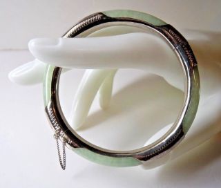 Vintage Chinese Celadon Jadeite Jade Bangle Hinge Bracelet Sterling Silver