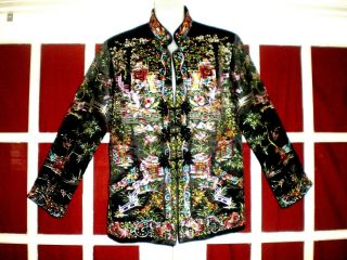 Vtg Chinese Black Silk Embroidered Jacket/robe W/people Outdoor Scenes Sz L