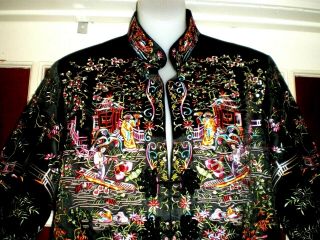 Vtg Chinese Black Silk Embroidered Jacket/Robe w/People Outdoor Scenes sz L 2