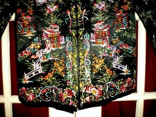 Vtg Chinese Black Silk Embroidered Jacket/Robe w/People Outdoor Scenes sz L 3