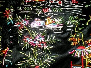 Vtg Chinese Black Silk Embroidered Jacket/Robe w/People Outdoor Scenes sz L 7